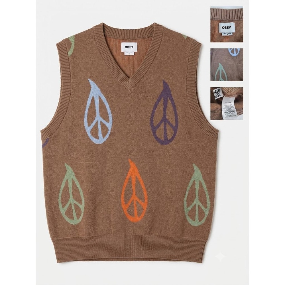 Obey Peace Sign Sweater Vest Knit Brown Graphic Size M (Mens Medium) Streetwear